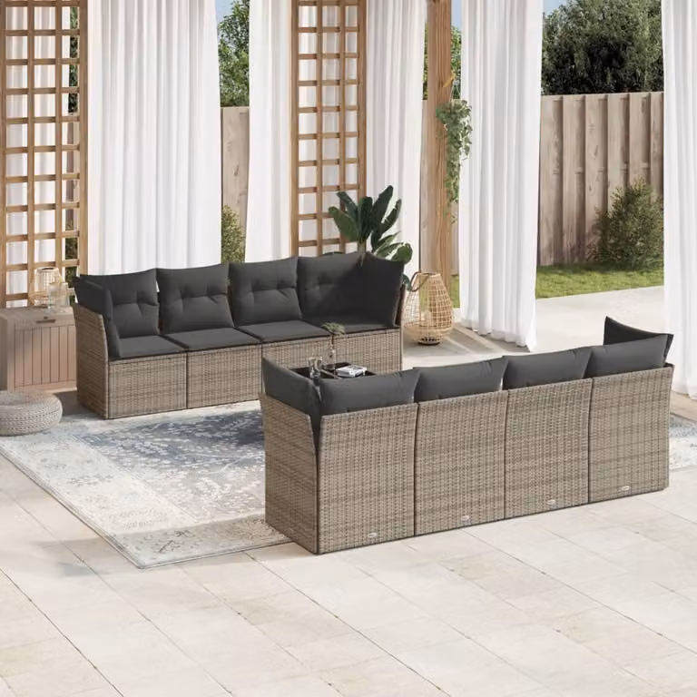 Set Divano da Giardino vidaXL 9 pz in Polyrattan Grigio con Cuscini e Tavolino da Caffè