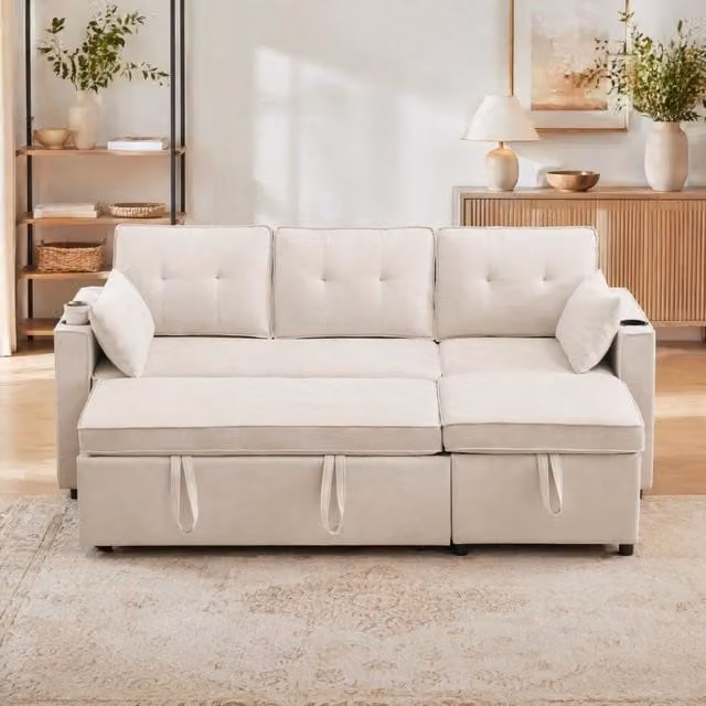 Divano letto angolare MIVRAY a 3 posti con chaise longue reversibile, vano contenitore e portabicchieri, colore beige, L: 211 cm, P: 86 cm, H: 130 cm