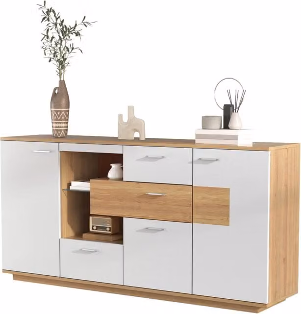 Credenza moderna per soggiorno e sala da pranzo con 2 ante, 4 cassetti, ripiani regolabili e illuminazione LED, finitura opaca, L/P/H: 160 x 40 x 77 cm