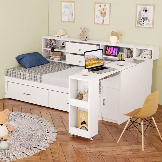 Letto multifunzione 90x200 cm con scrivania estraibile; vani contenitore; legno bianco