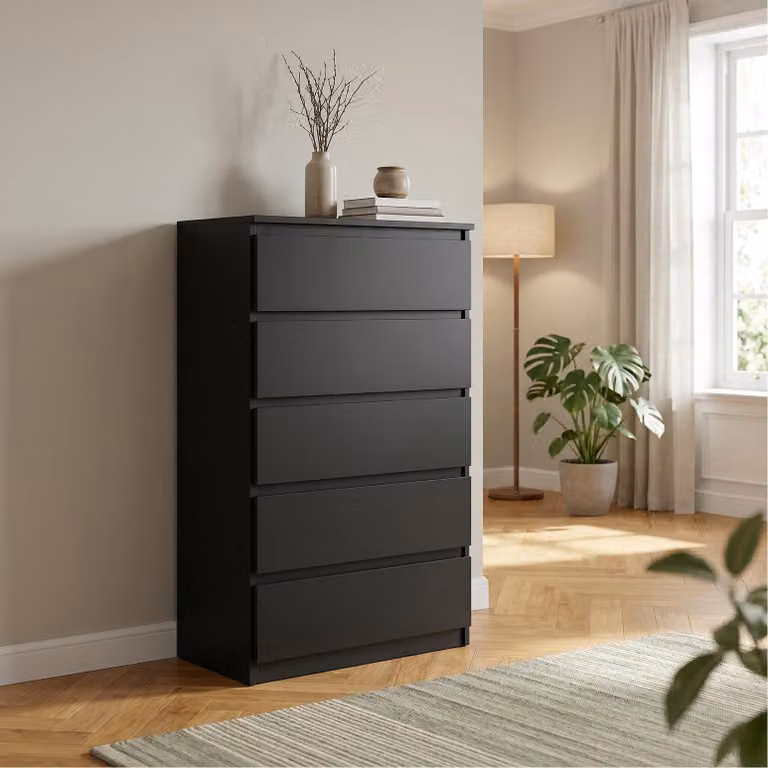Comodà Masseno NUDO da 70 cm con 5 cassetti e ante, per soggiorno e camera da letto, stile moderno, 70x39x124,5 cm, nero / nero