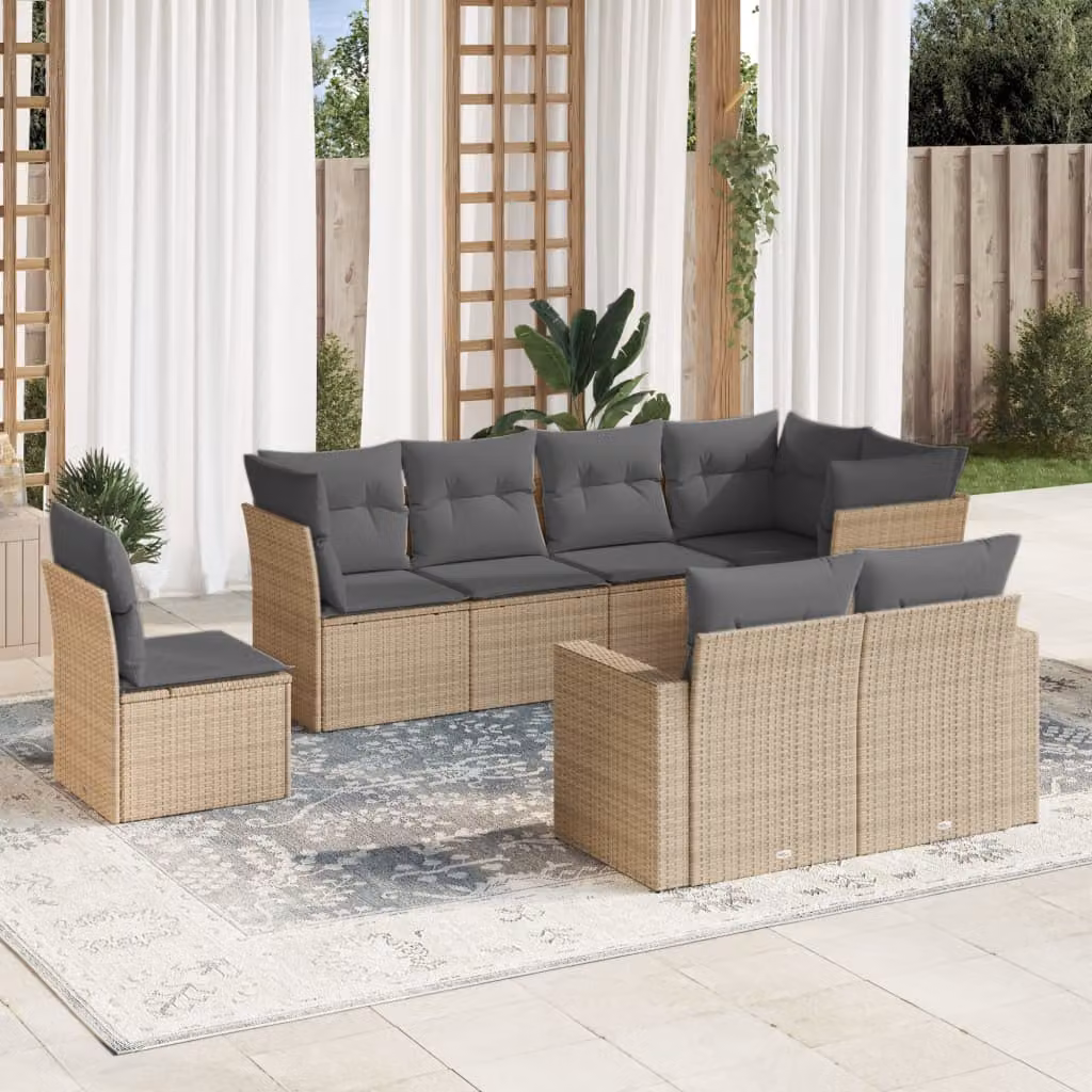 vidaXL Set Divano da Giardino a L 8 pz con Cuscini Beige e Struttura in Metallo e Polyrattan – 1