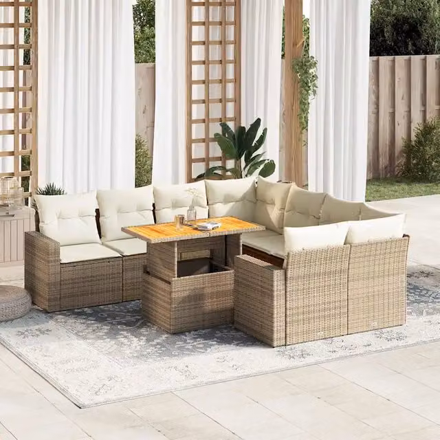 Set Divano da Giardino 9 pz vidaXL in Polyrattan e Legno di Acacia Oliato con Cuscini Beige e Bianchi – 1
