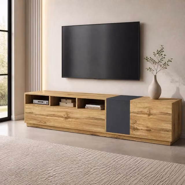 Mobile TV Mivray moderno con 3 vani aperti passacavi e ante in pannello truciolare, colore nero grigio effetto legno, L: 200 cm, P: 45 cm, H: 45 cm