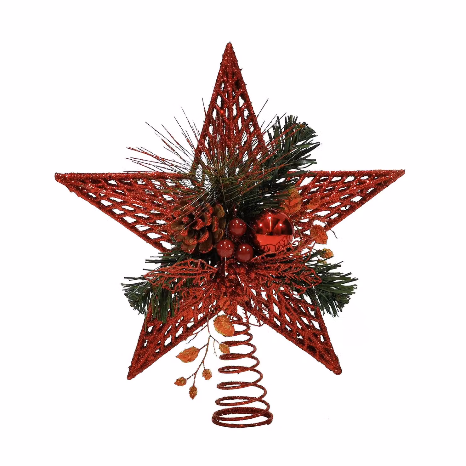 Puntale Stella di Natale Glitterata con Pigne VESTIAMO CASA, Colore Rosso e Verde, Altezza: 32 cm – 1