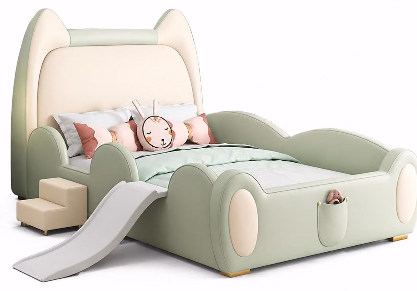 Letto a forma di gatto verde per bambini, con scivolo e scaletta, ideale per bambine