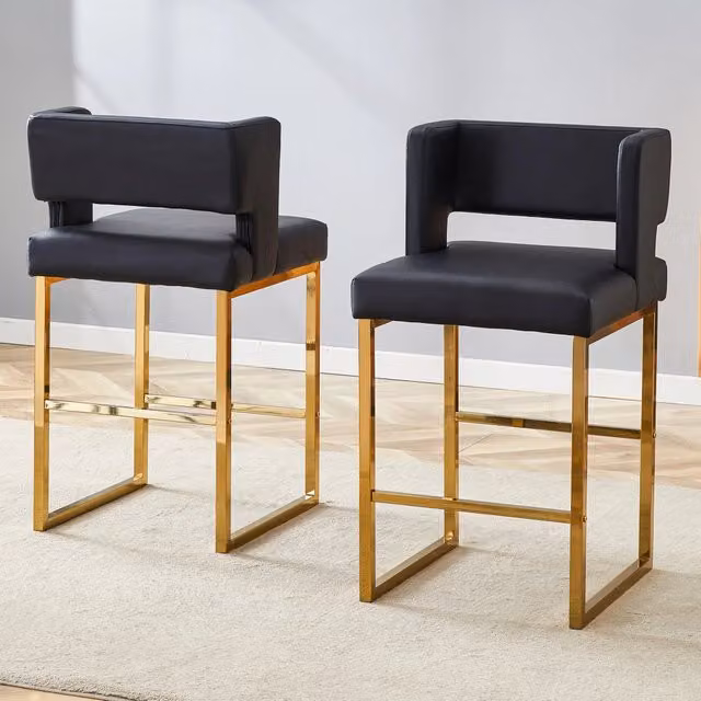 Sgabello da bar REDOM in stile scandinavo con struttura in metallo nero e oro e seduta in ecopelle, Altezza: 91,4 cm – 1