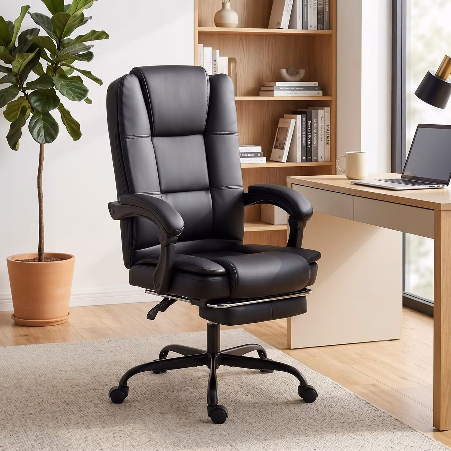 Sedia da ufficio ergonomica HOMCOM reclinabile e girevole in pelle PU con poggiapiedi e braccioli, nera – 2