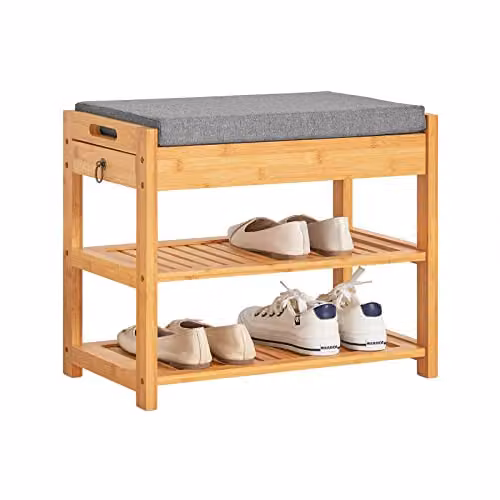SoBuy Scarpiera Panca Ingresso Salvaspazio con Cuscino Imbottito, 2 Ripiani per Scarpe e Cassetto Removibile, Slim e Compatto per Ingresso, Soggiorno, Camera da Letto, 150kg di Portata - FSR49-N