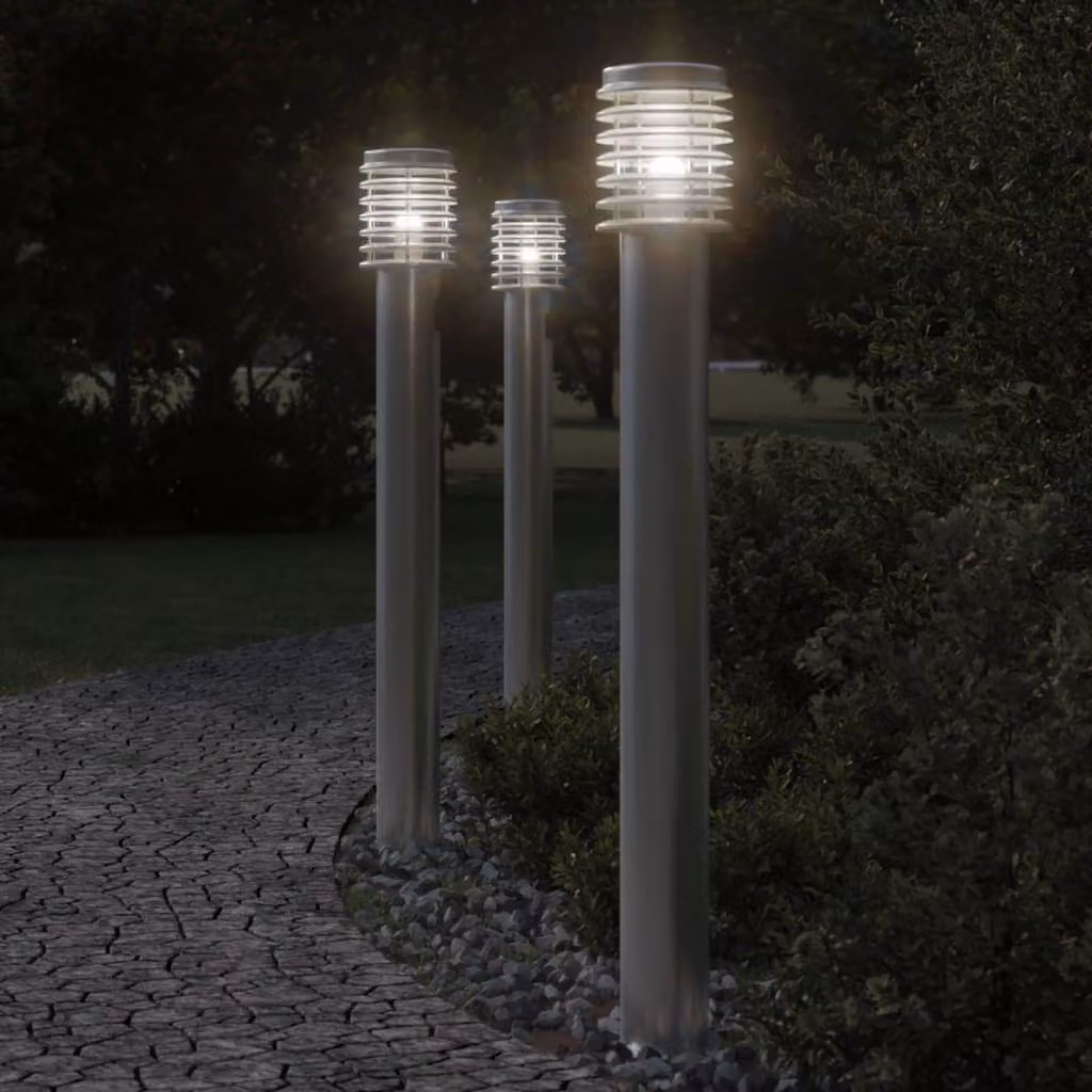 Set di 3 lampade da terra per esterni vidaXL in acciaio inox e plastica, colore argento, altezza: 110 cm