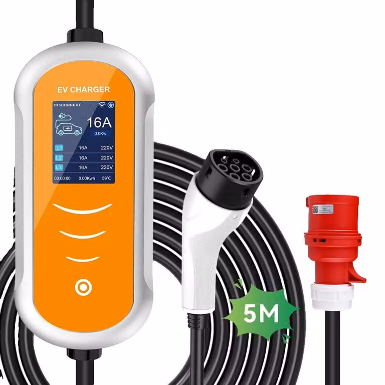 Caricatore per veicoli elettrici, portatile, 11 kW, con regolazione della corrente, 11 kW, 16A, cavo da 5 metri, con connettore di tipo 2