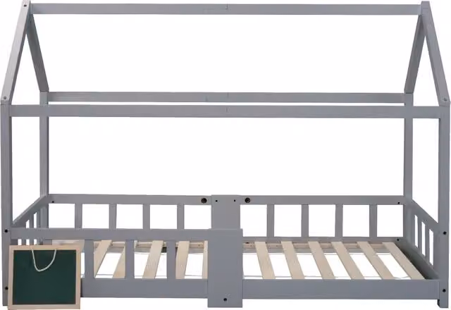 Letto a casetta per bambini in pino massello con lavagna, protezioni e tetto camino, grigio, 90x200 cm, senza materasso