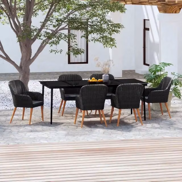 Set da pranzo da giardino vidaXL in rattan e legno di acacia con piano in vetro, 7 pezzi, nero e grigio – 1