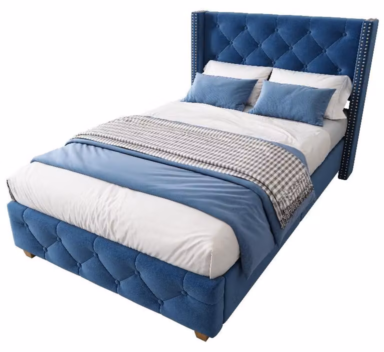 Letto imbottito 90x200 cm, colore blu, rivestito in velluto, con rete a doghe e testiera, ideale per la camera da letto