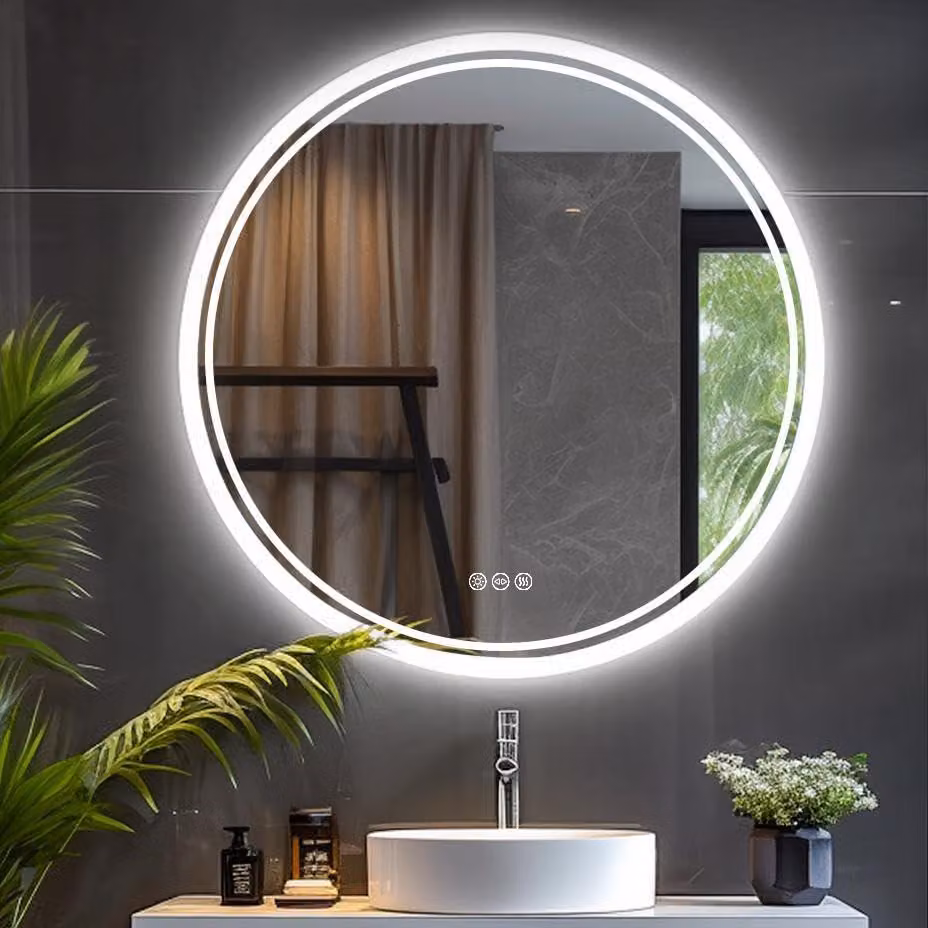 Specchio da bagno a LED, forma rotonda, diametro 80 cm, con funzione di regolazione dell'intensità luminosa, 3 tonalità di luce e sistema antiappannamento
