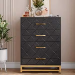 Comodino con cassetti, mobiletto laterale, versatile, capiente, colore nero, realizzato in materiale composito di legno (MDF/pannello truciolare), con struttura in metallo robusta