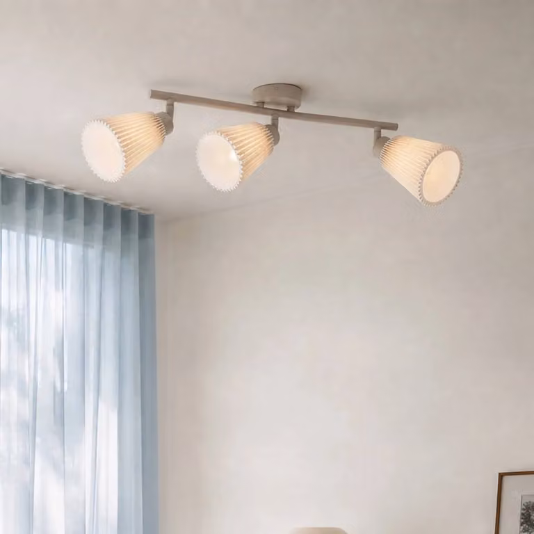 Nola Faretto da soffitto Percy, beige, a 3 luci, lunghezza 70 cm, lino Percy NOLA, dimmerabile, Crema / Ambra, Soggiorno / Sala da pranzo, Tessuto / Stoffa / Seta, Moderno, Faretto
