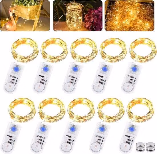 Ghirlanda luminosa con timer, 10 pezzi, 2 m, 20 LED micro a batteria - Filo di rame, illuminazione natalizia per interni ed esterni - Feste, ricorrenze, fai da te.