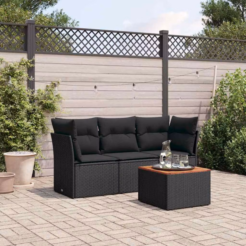 Set di divani da giardino vidaXL a forma di L composto da 4 pezzi con tavolino da caffè, in polyrattan nero con cuscini inclusi e rivestimenti rimovibili resistenti ai raggi UV – 1