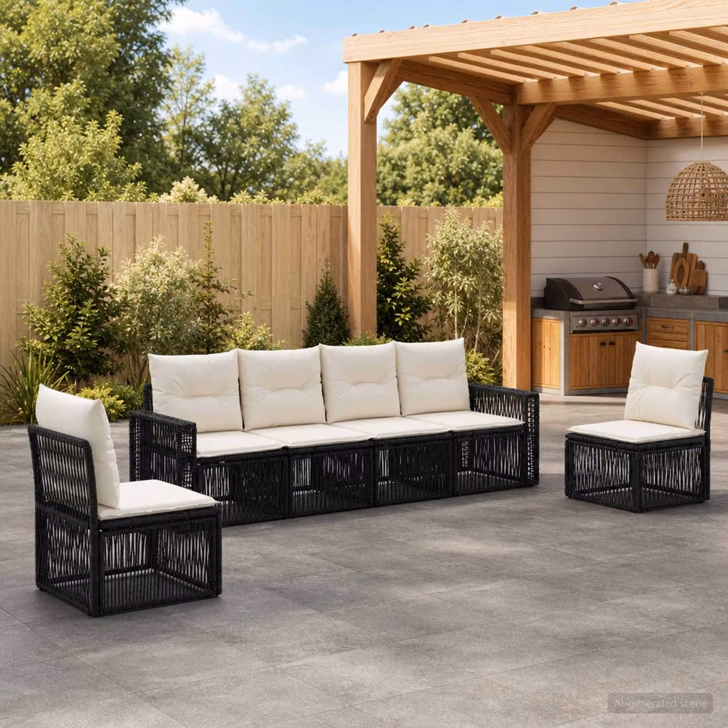Set Divano da Giardino vidaXL 6 Pezzi in Polyrattan Nero e Bianco Crema con Cuscini Imbottiti e Struttura in Metallo