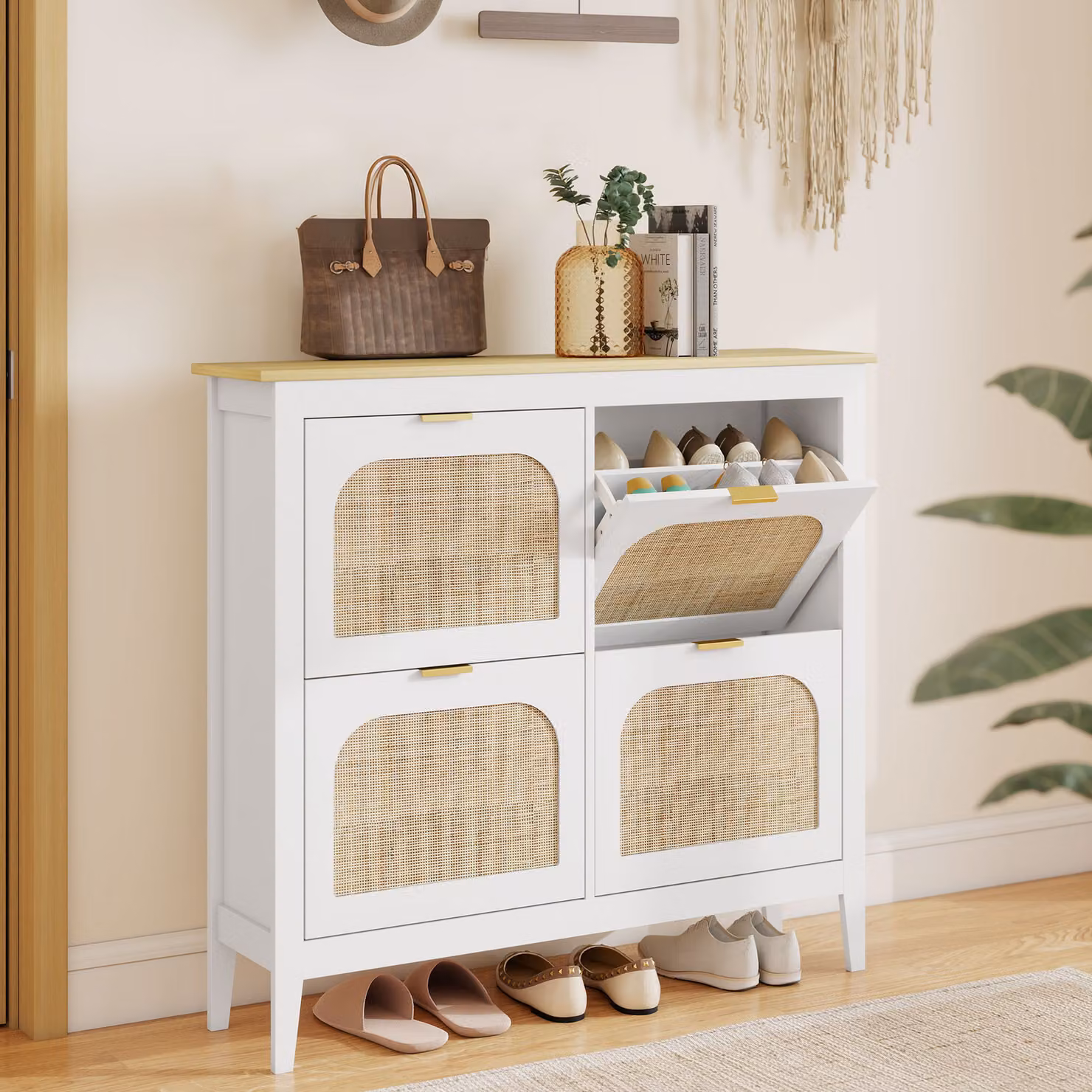 Scarpiera Mobile HOMCOM in Legno e Rattan con 4 Cassetti Ribaltabili per 20 Paia di Scarpe, Bianco, L: 105 cm, P: 24 cm, H: 95,5 cm – 2