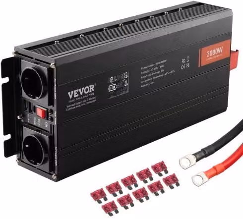VEVOR Convertitore di Potenza Onda Sinusoidale 3000W DC 12V AC 230V con Display LCD, 3 Prese AC, 2 Porte USB, 1 Porta Type-C, Nero