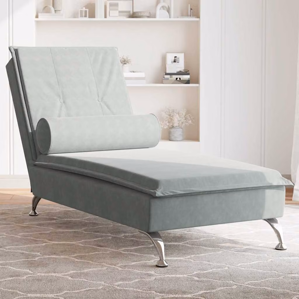 vidaXL Chaise Longue con Cuscino a Rullo in Velluto Grigio con Ricarica USB L: 136,5 cm, P: 56,0 cm, H: 75,0 cm