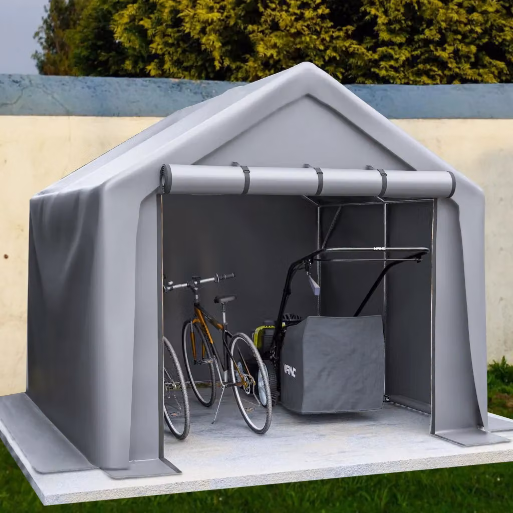 Armadio da giardino OKWISH per biciclette con porta avvolgibile in acciaio zincato e PE, grigio, L: 244 cm, P: 241 cm, H: 217 cm – 2