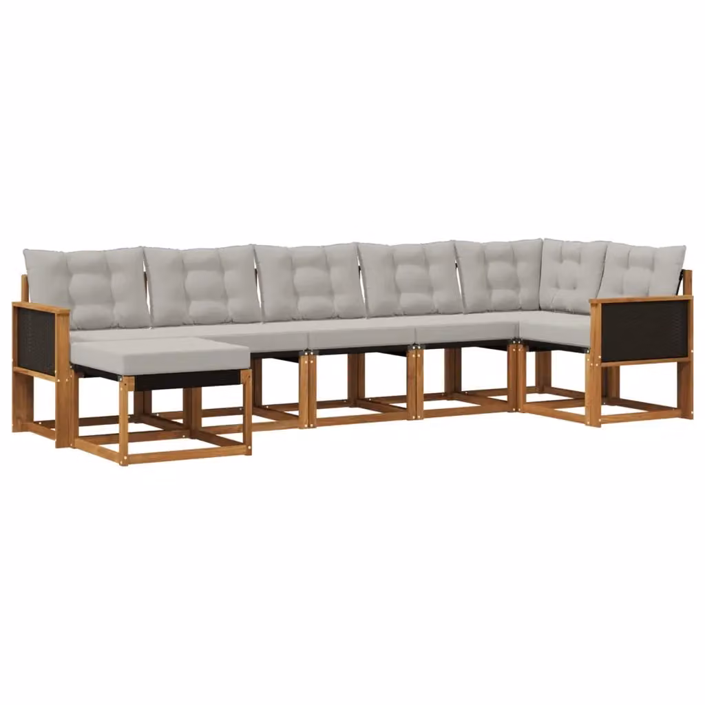 Set di divani da esterno a L vidaXL in legno di acacia con cuscini e pouf, 7 pezzi, Marrone e Grigio – 2