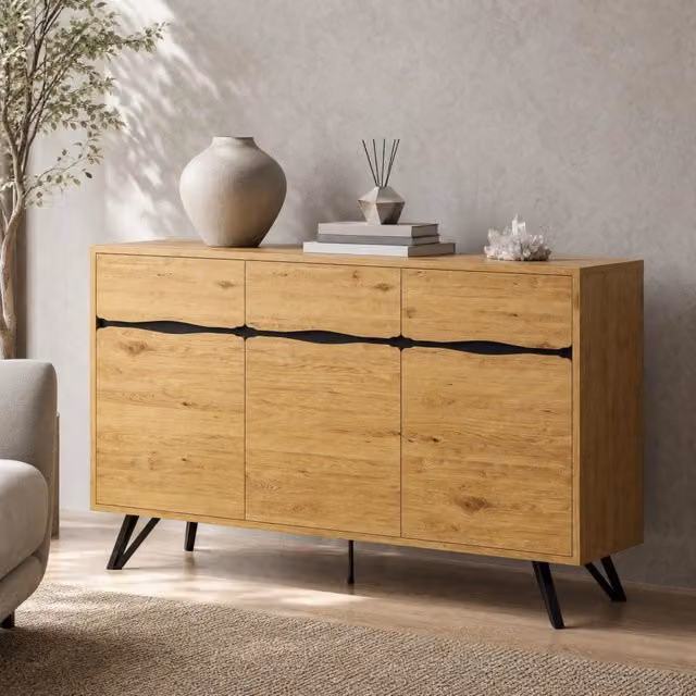 Madia a 3 ante in pannello truciolare effetto legno; gambe in metallo; 140 x 40 x 75;5 cm; nero e legno