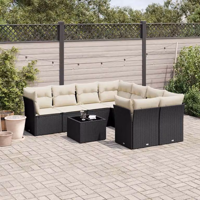 vidaXL Set Divani da Giardino a L 9 pz con Tavolino e Cuscini, Polyrattan e Acciaio Nero