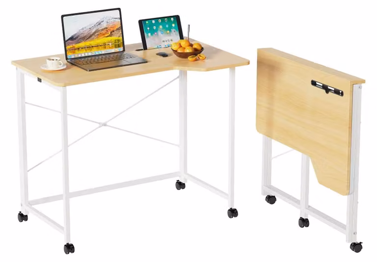 Scrivania pieghevole - Tavolo per laptop - 90x56x75 cm - Con 4 ruote - In legno - Salvaspazio, ideale per piccoli ambienti - Piano rettangolare - Giallo