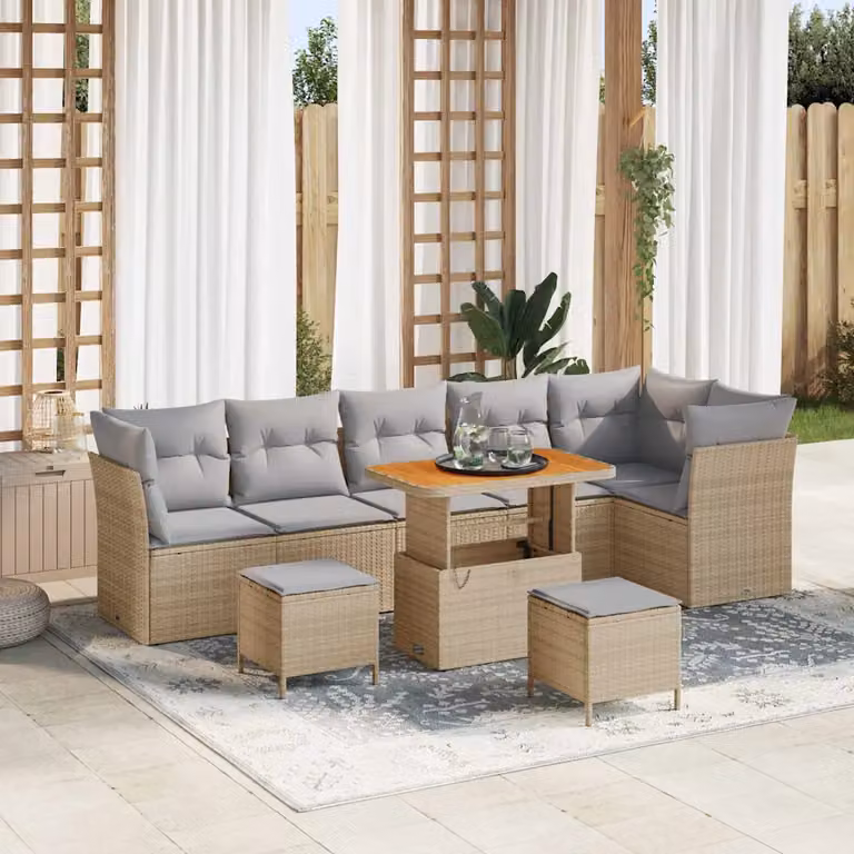 Set Divano da Giardino vidaXL 8 Pezzi in Polyrattan Beige con Cuscini e Tavolino