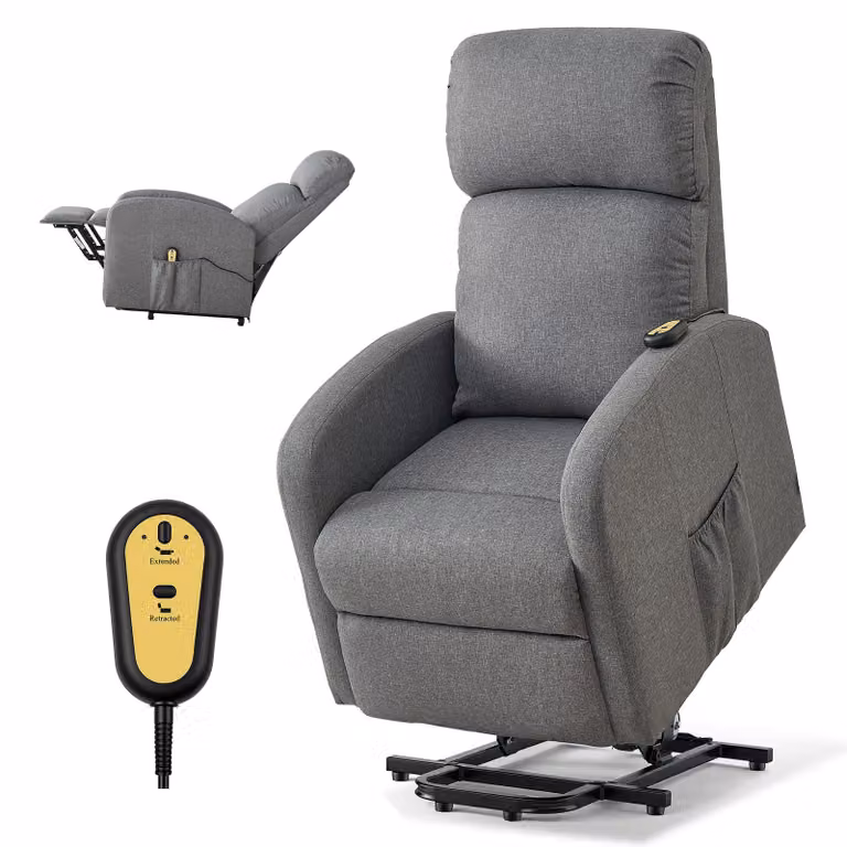 Poltrona relax elettrica SucceBuy con regolazione continua, comodo rivestimento in lino, schiuma altamente elastica, pratiche tasche laterali, telecomando e funzione massaggio, grigio chiaro