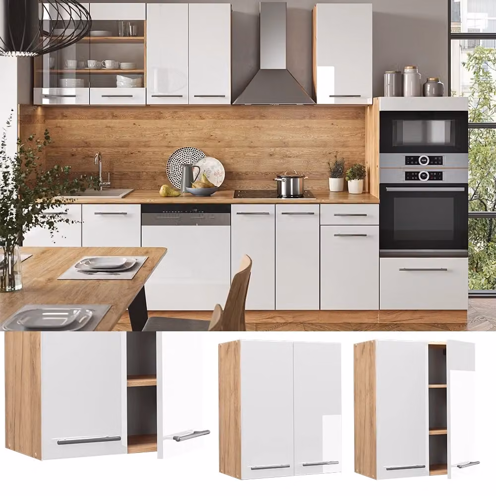 Pensile da cucina Vicco Fame-Line moderno in MDF con ante a battente, Bianco lucido e Rovere, L: 60 cm, H: 72 cm, P: 34,1 cm – 2