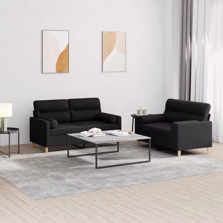 Set di 2 divani vidaXL moderni in tessuto nero con cuscini e struttura in metallo e MDF