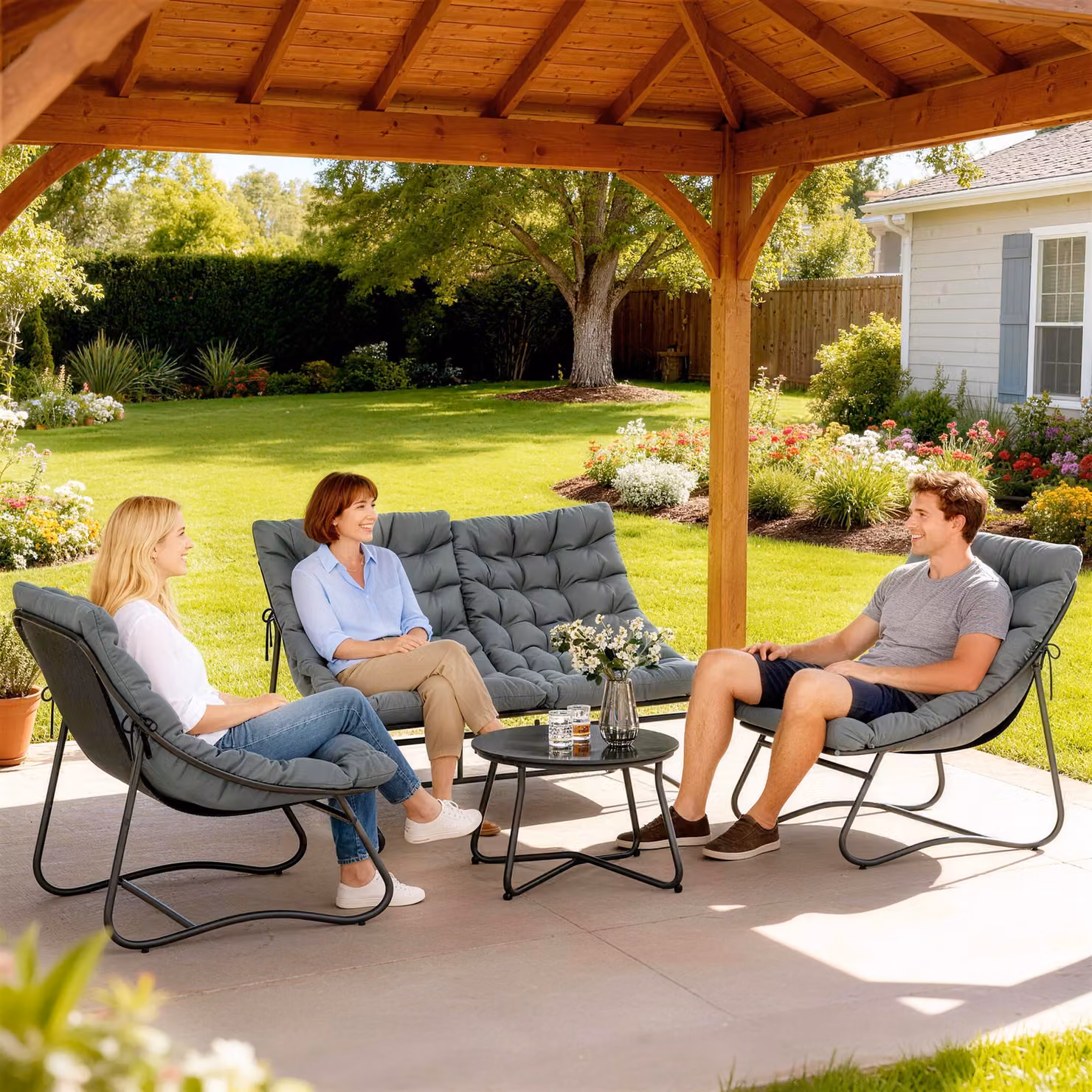 Set da giardino Outsunny composto da 4 pezzi in acciaio con cuscini, Grigio – 2