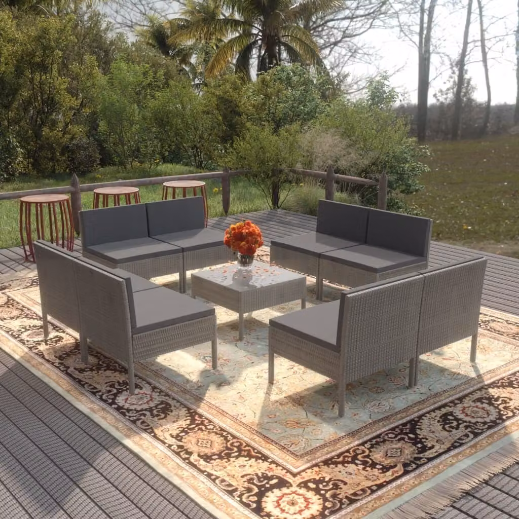 The Living Store Set da giardino 9 pezzi con cuscini in poly rattan grigio