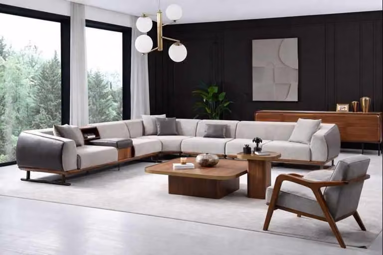 Elegante set da salotto composto da divano a L e poltrona di design, 2 pezzi