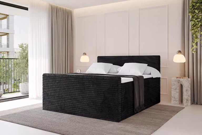 Letto boxspring ALTDECOR con pediera - TOLO-v1-Z KING 140x200 in velluto a coste - Nero - Set completo con materassi H3 e H4 e topper, letto imbottito con cassetti, rete a doghe, letto con contenitore, letto matrimoniale, letto box