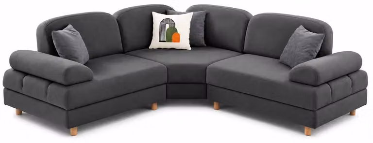 Divano angolare moderno, elegante, di colore grigio scuro, con imbottitura morbida e confortevole, ideale per il soggiorno
