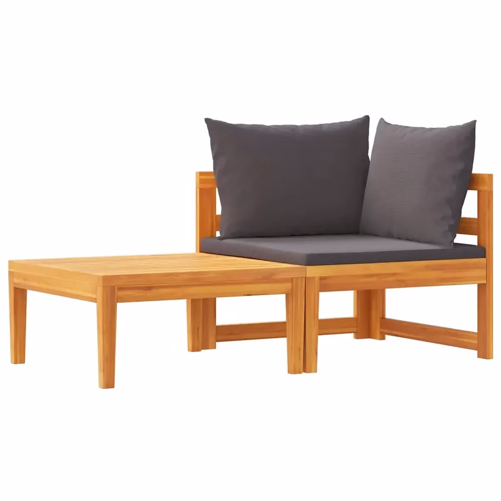 Set Salotto da Giardino Moderno in Legno di Acacia con Divano a 2 Posti, Elemento Angolare, Tavolino e Cuscini Grigio Scuro – 2