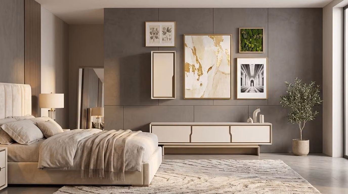 Mobile parete, armadio, credenza, soggiorno, stile moderno, colore beige, nuovo, comodo