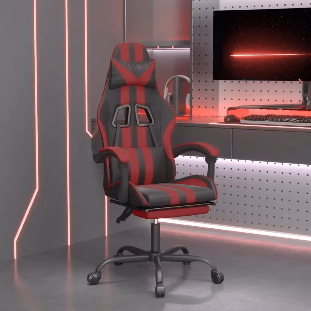 Sedia Gaming Girevole con Poggiapiedi e Riposagliezza, Nero e Rosso, in Similpelle – 2
