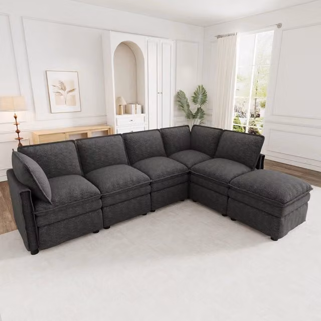 Divano modulare ULEVR 344x127x91 cm con funzione letto, pouf mobile e 6 posti, in ciniglia grigia