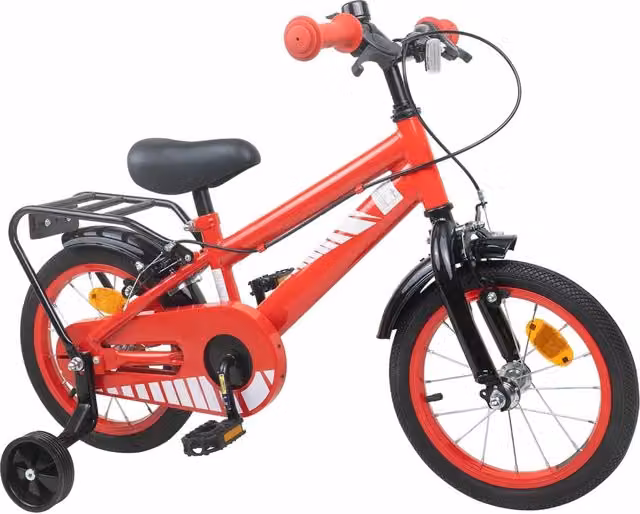 Bicicletta per bambini da 14 pollici rossa con struttura in metallo e pneumatici in gomma