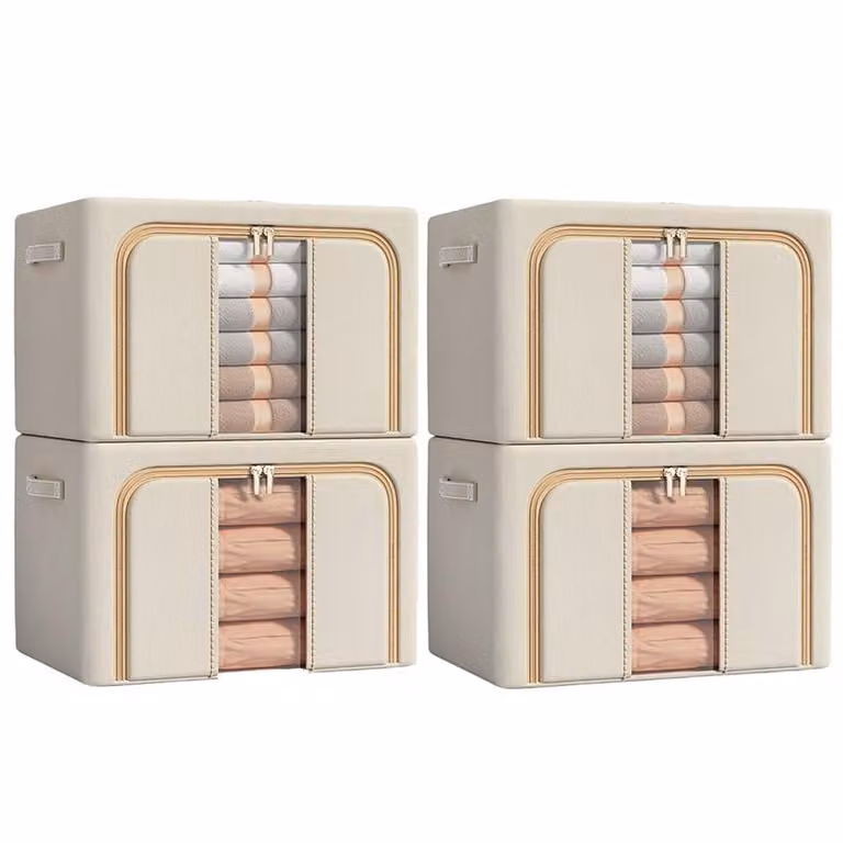 set di 4 scatole portaoggetti in tessuto Oxford, impermeabile, pieghevole, 100L, scomparti, per vestiti e guardaroba, con finestra di visualizzazione, beige