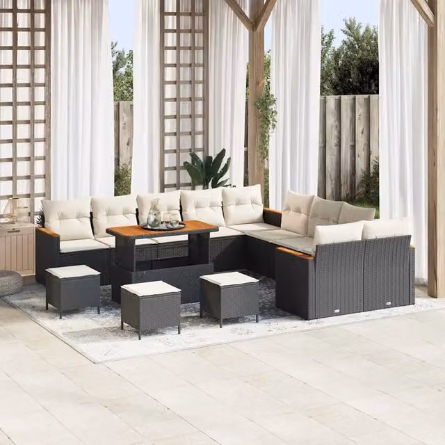Set Divano da Giardino a Forma di U vidaXL con Cuscini, Tavolino e Pouf, Colore Nero e Beige – 1