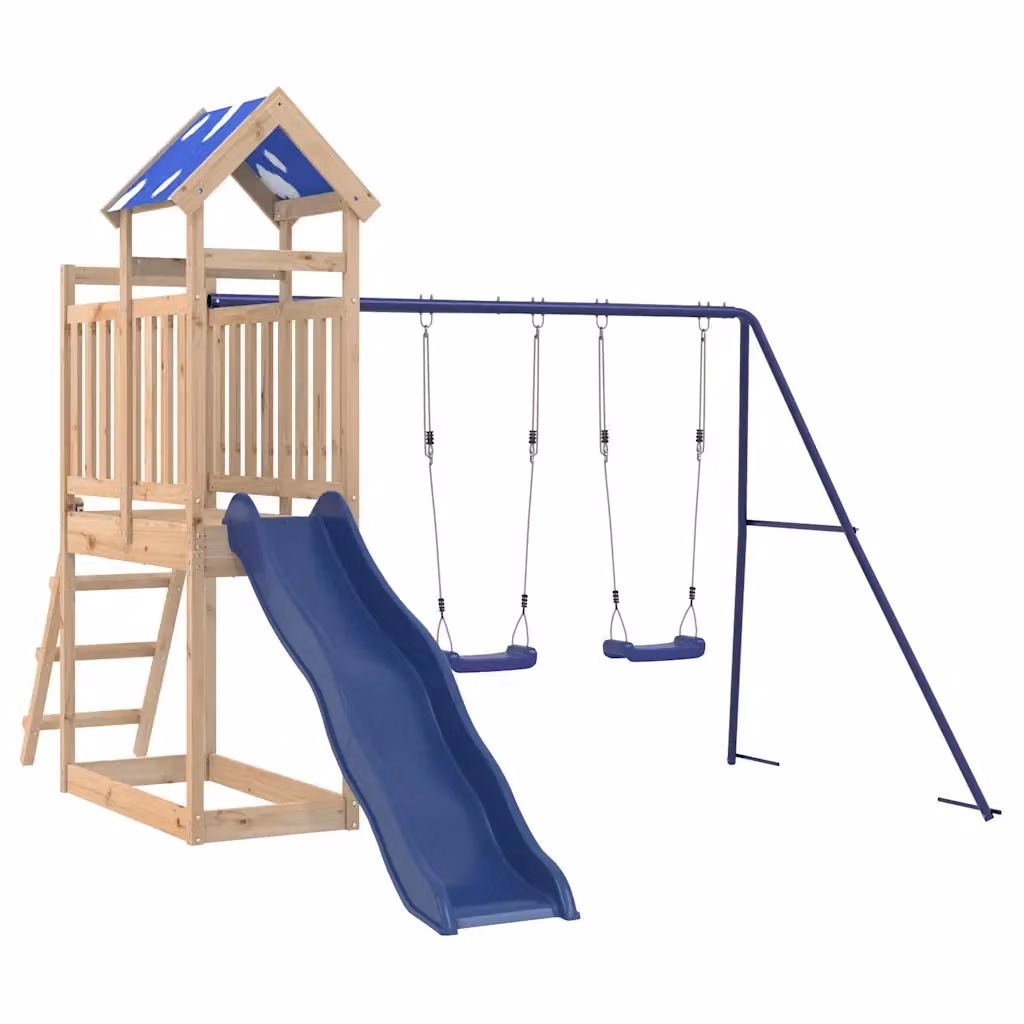 vidaXL Set da Gioco da Esterno in Legno Massello con Scivolo, Altalena e Sabbiera, Marrone e Blu – 2