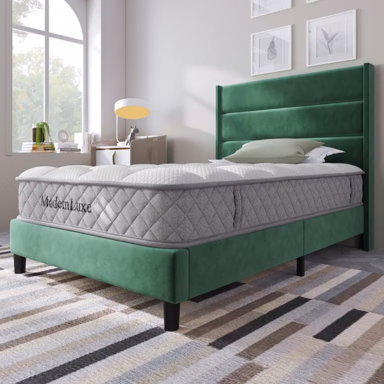 Letto imbottito 90 x 200 cm con materasso H3 a 7 zone, rete a doghe e testiera imbottita, rivestito in velluto, con spazio contenitore sotto il letto, colore verde scuro